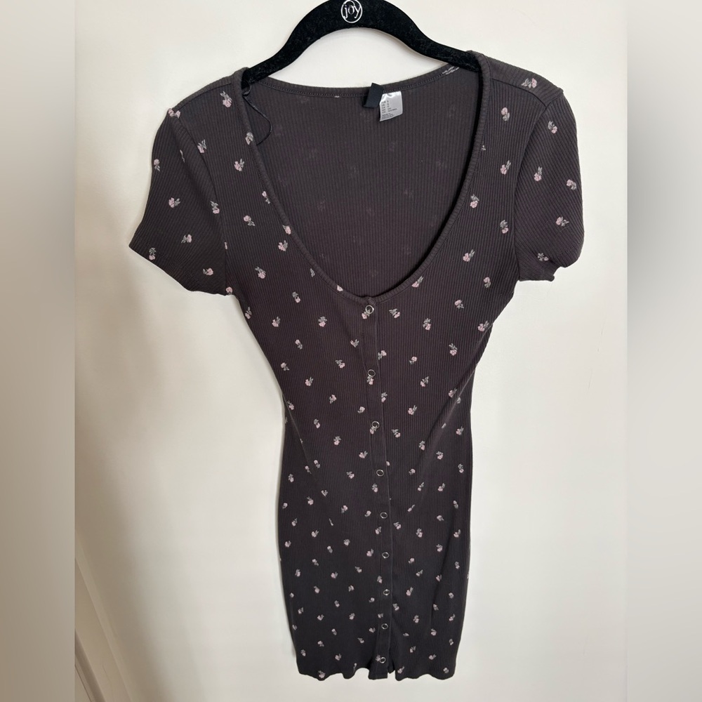 Divided Black Mini Dress with Pink Floral Pattern